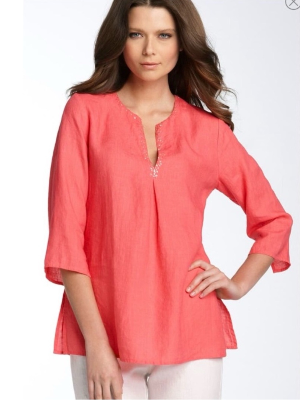 Eileen Fisher Top Womens‎ M Coral Tunic Irish Linen Sequin Trim Coastal Resort